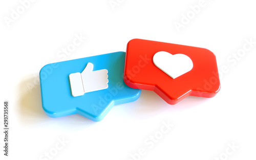 3D Social Media Network Love and Like Heart and thumbs up Icon Rendering white Background in red and blue. © ontronix