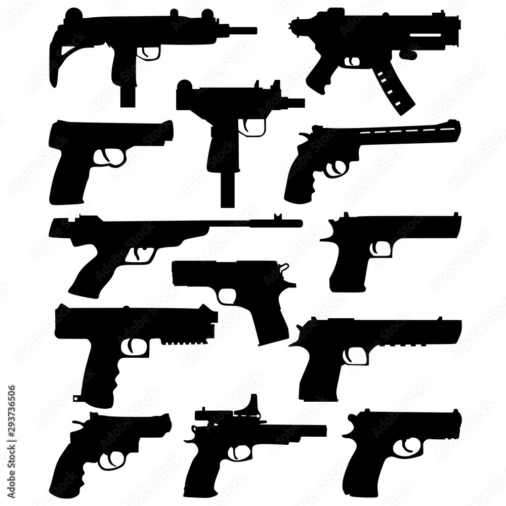 Set Hand Weapons Silhouettes. Pistol gun icons vector silhouettes. Small firearm, police or military handgun. Vector illustration.