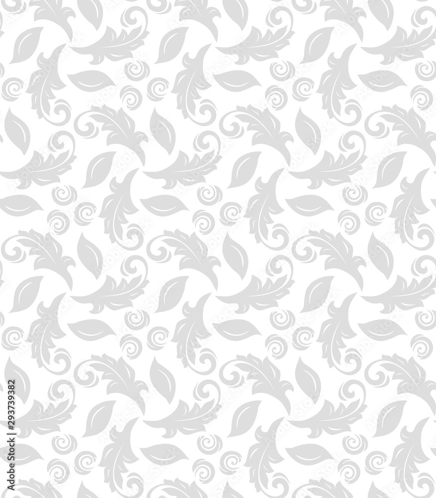 Floral vector ornament. Seamless abstract classic background with light leaves. Pattern with repeating floral elements. Light silver ornament for fabric, wallpaper and packaging