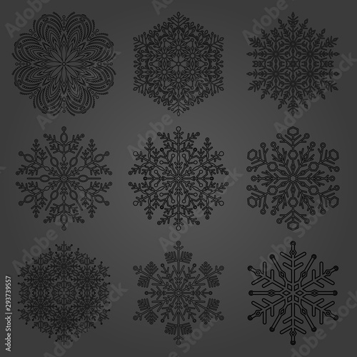 Set of vector snowflakes. Black winter ornaments. Snowflakes collection. Snowflakes for backgrounds and designs