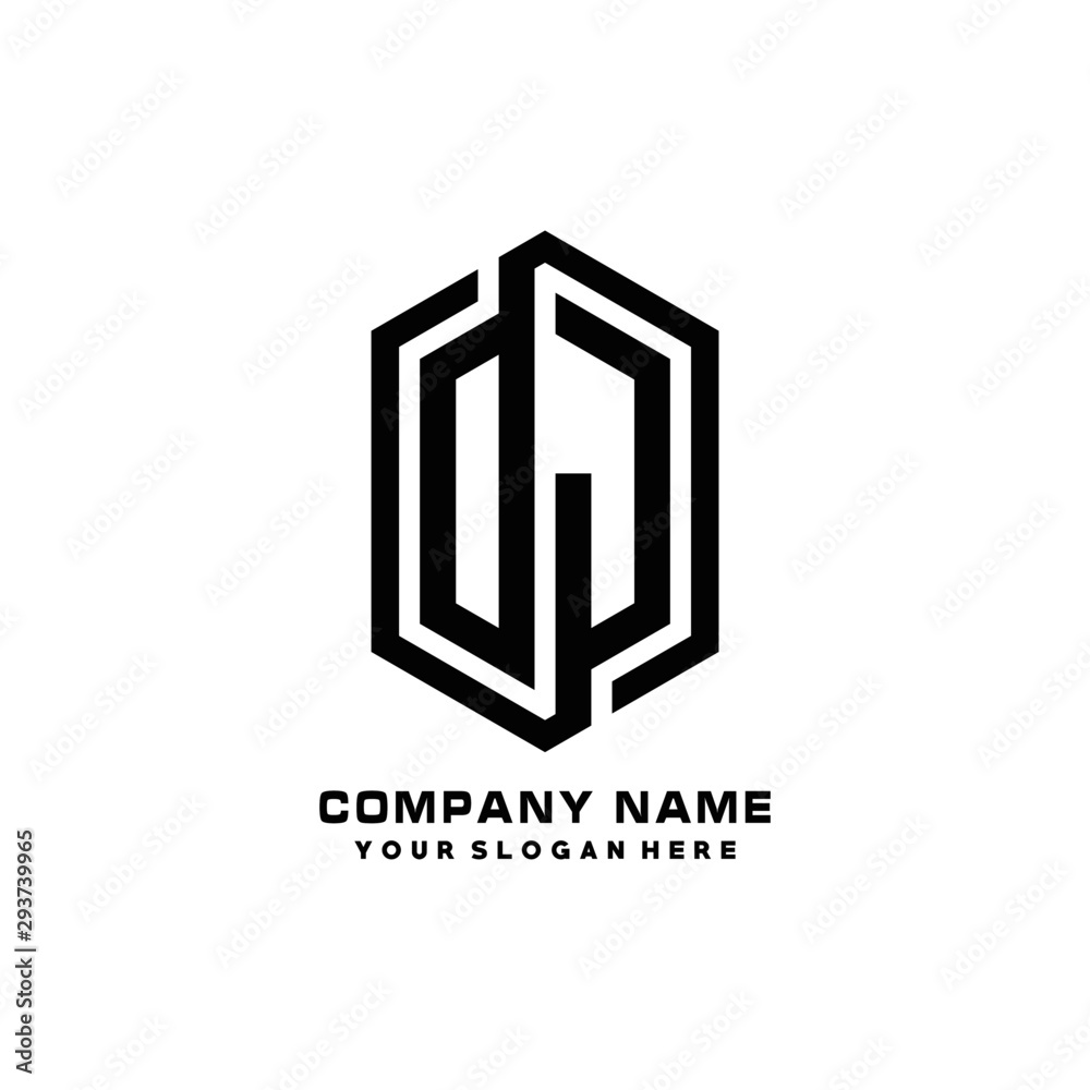 DJ initials business abstract logo in the shape of a hexagon, with a thick line connected around the letters DJ initials business abstract logo in the shape of a hexagon, with a thick line connected around the letters