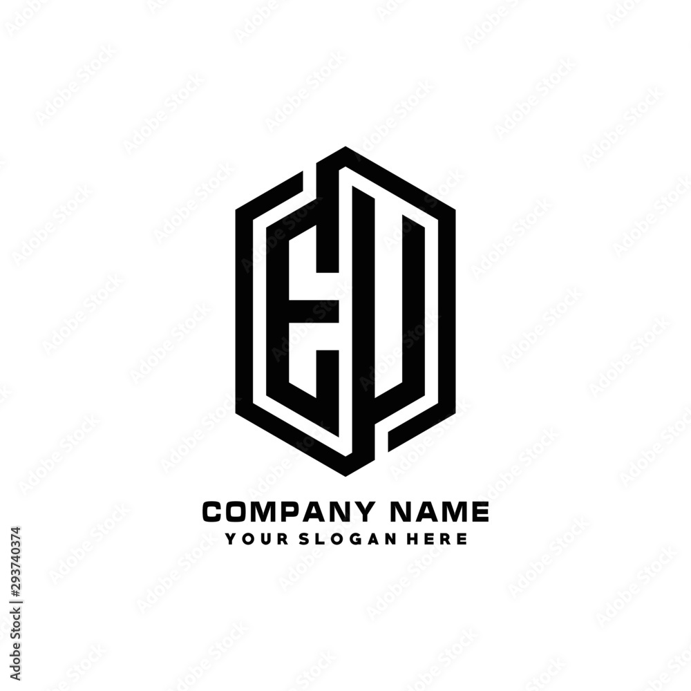 EU initials business abstract logo in the shape of a hexagon,.with a thick line connected around the letters EU initials business abstract logo in the shape of a hexagon,.with a thick line connected around the letters