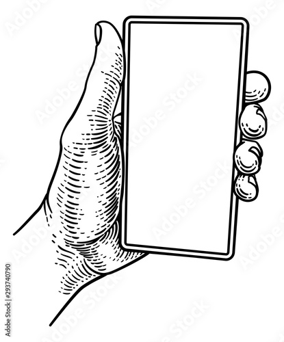 A hand holding a mobile phone in a vintage old woodcut etching style