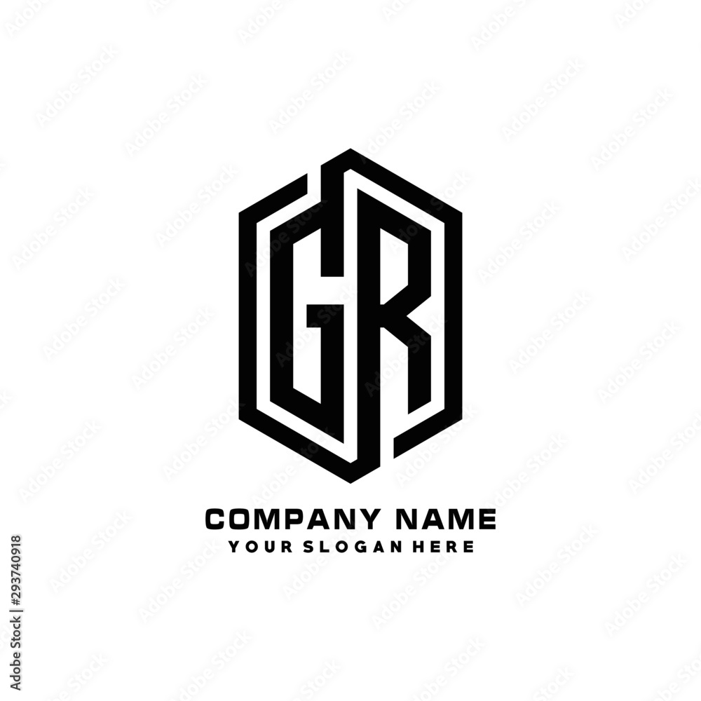 GR initials business abstract logo in the shape of a hexagon,.with a thick line connected around the letters GR initials business abstract logo in the shape of a hexagon,.with a thick line connected around the letters