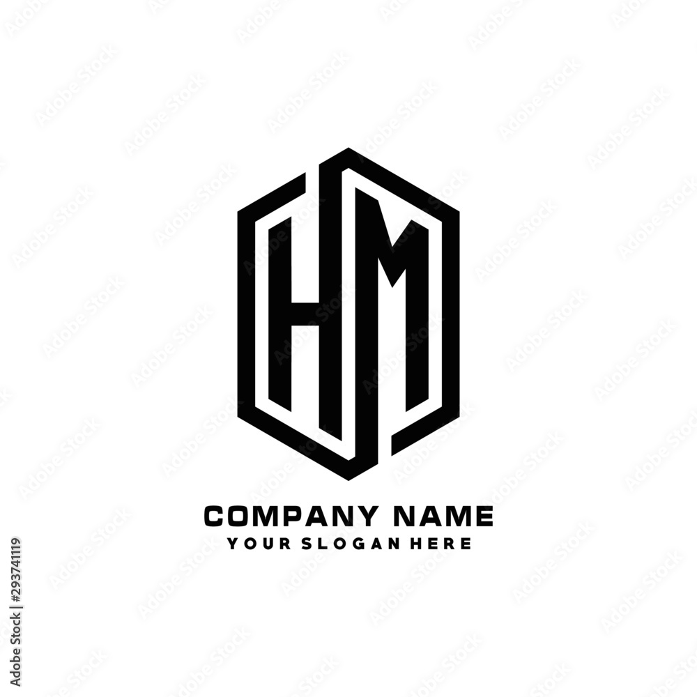 HM initials business abstract logo in the shape of a hexagon, with a thick line connected around the letters