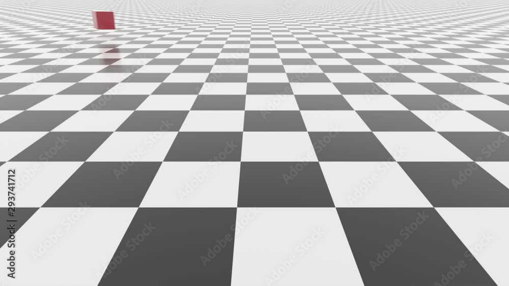 Red Cube Crazy Floating over Checker Floor Seamless Loop Red Cube Crazy Floating over Checker Floor Seamless Loop