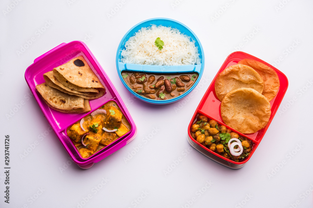 Group of North Indian Food in Tiffin / Lunch Box includes Rajma / Razma
