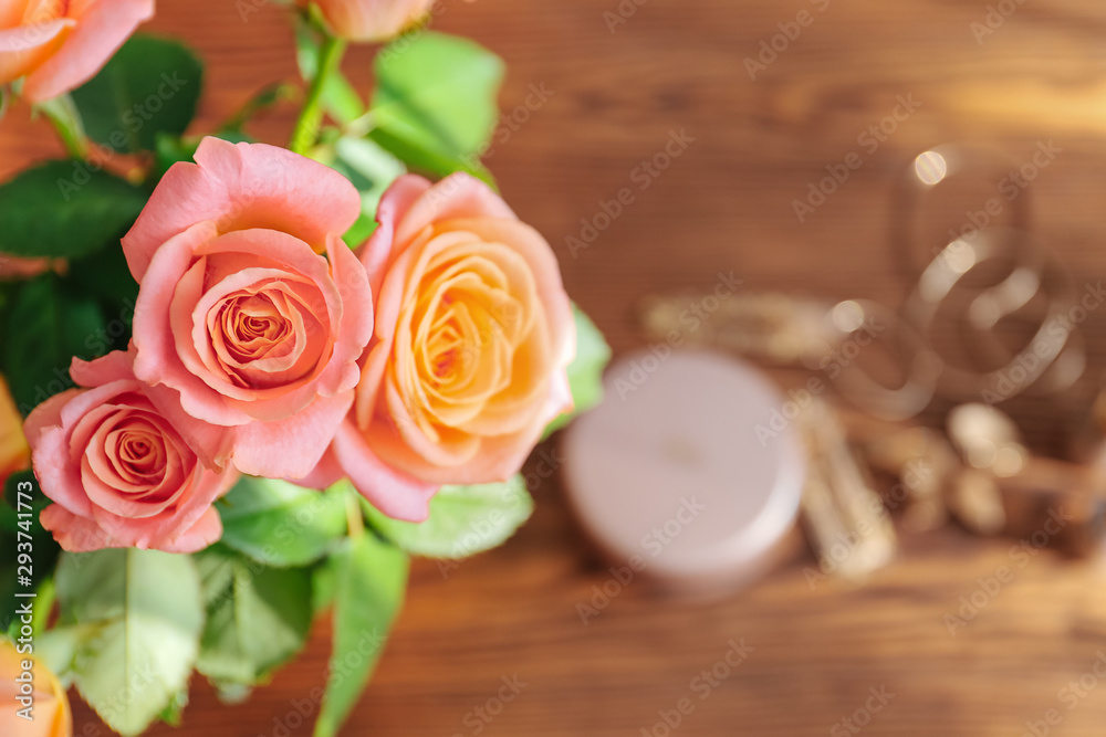 Rose flowers on table, closeup