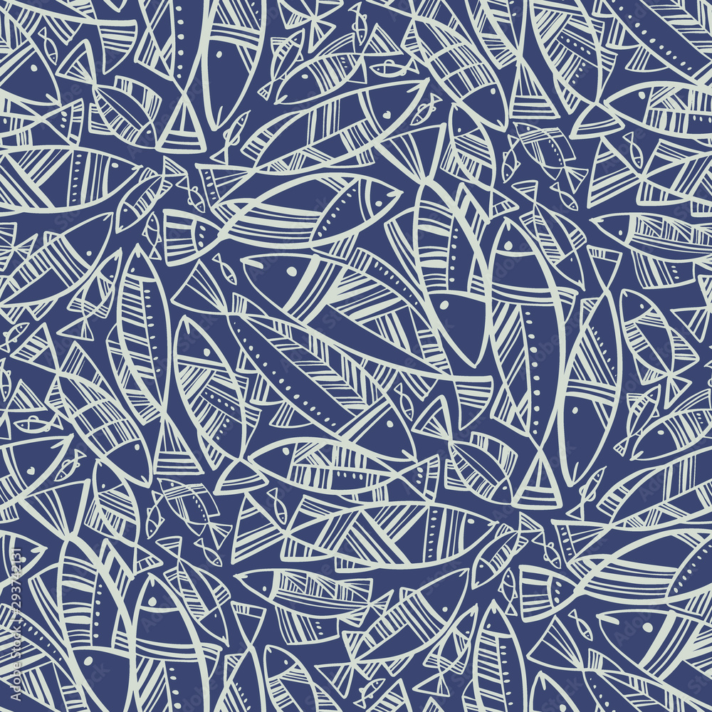 Line art folk-style school of fish seamless pattern