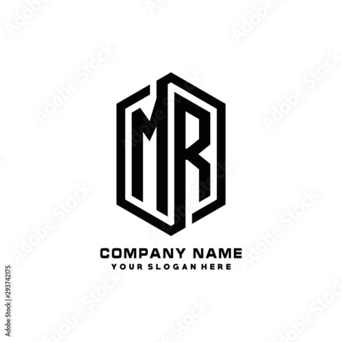 MR initials business abstract logo in the shape of a hexagon, with a thick line connected around the letters