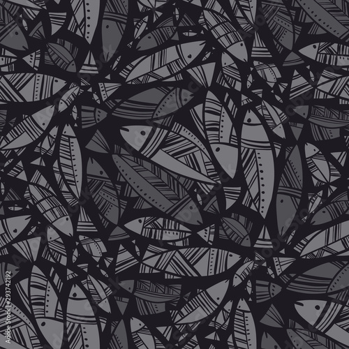 Black and white school of fish seamless pattern