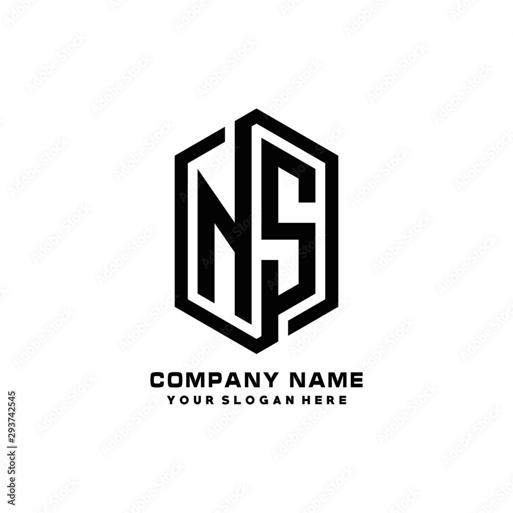NS initials business abstract logo in the shape of a hexagon, with a thick line connected around the letters
