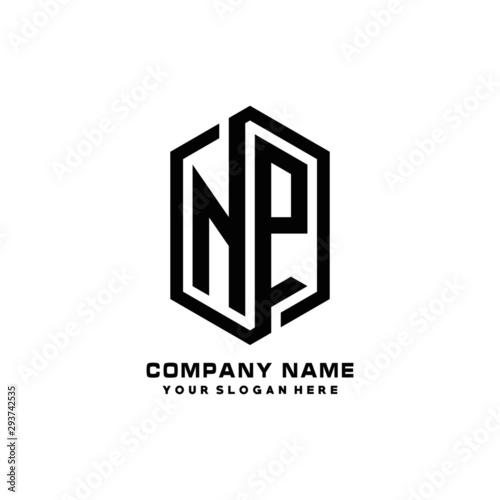 NP initials business abstract logo in the shape of a hexagon, with a thick line connected around the letters