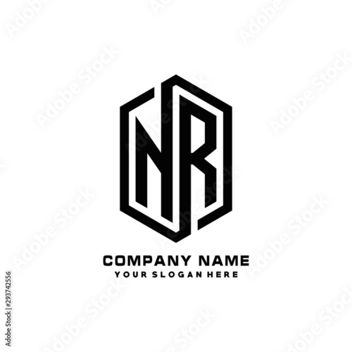 NR initials business abstract logo in the shape of a hexagon, with a thick line connected around the letters
