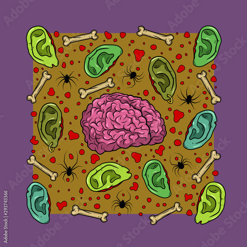 Vector horror art with creepy brain, ears, bones, spiders for scary design, print, poster, cover, sticker, packing, t-shirt. Spooky illustration for horror festival, party invitation, Halloween decor.