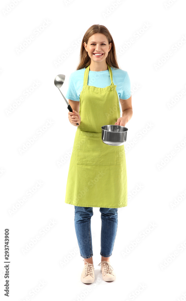 Beautiful young woman with kitchenware on white background Beautiful young woman with kitchenware on white background