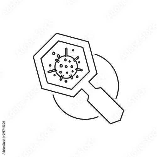 Virus, bacteria with magnifying glass icon. Outline thin line. Isolated on white background. 