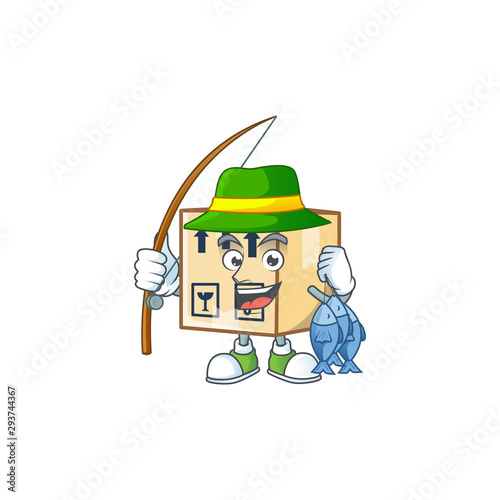 Fishing cardboard close mascot on white background