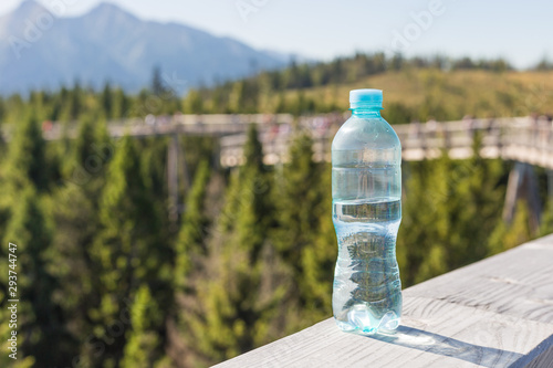 Obraz na plátně Transparent plastic A bottle of clean water with a blue lid stands on wood board