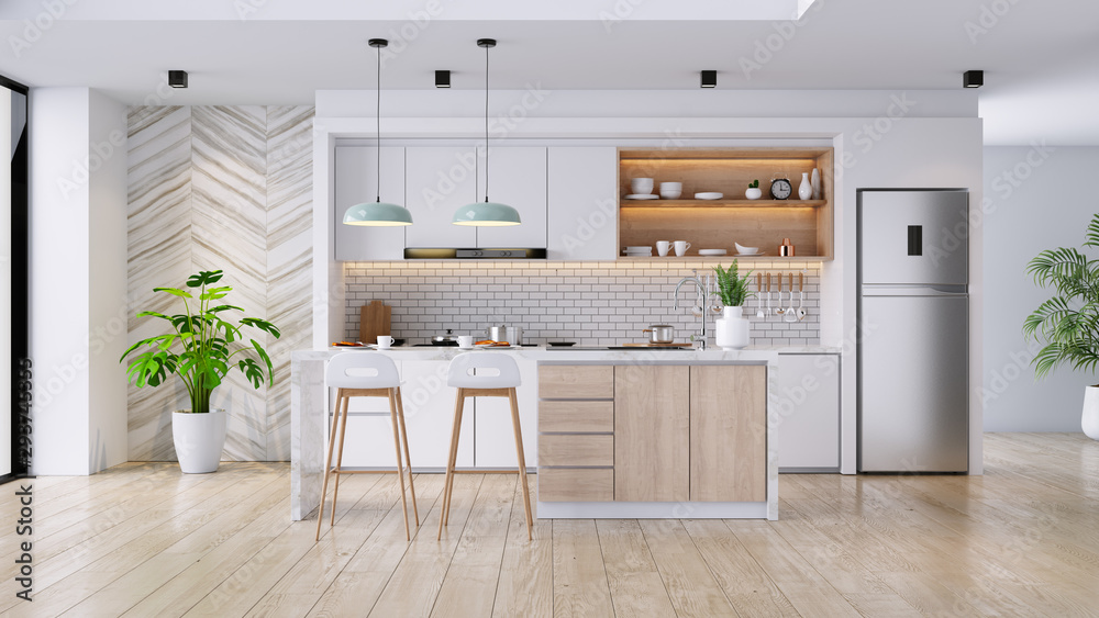 Modern Contemporary  kitchen room interior .white and wood material 3d render - obrazy, fototapety, plakaty 