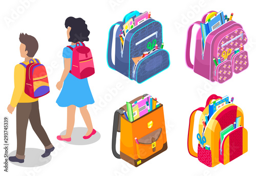 Little boy and girl pupils walking isolated on white. Set of colorful backpacks full of school supplies. Couple of kids with rucksacks vector. Back to school concept. Flat cartoon isometric 3d
