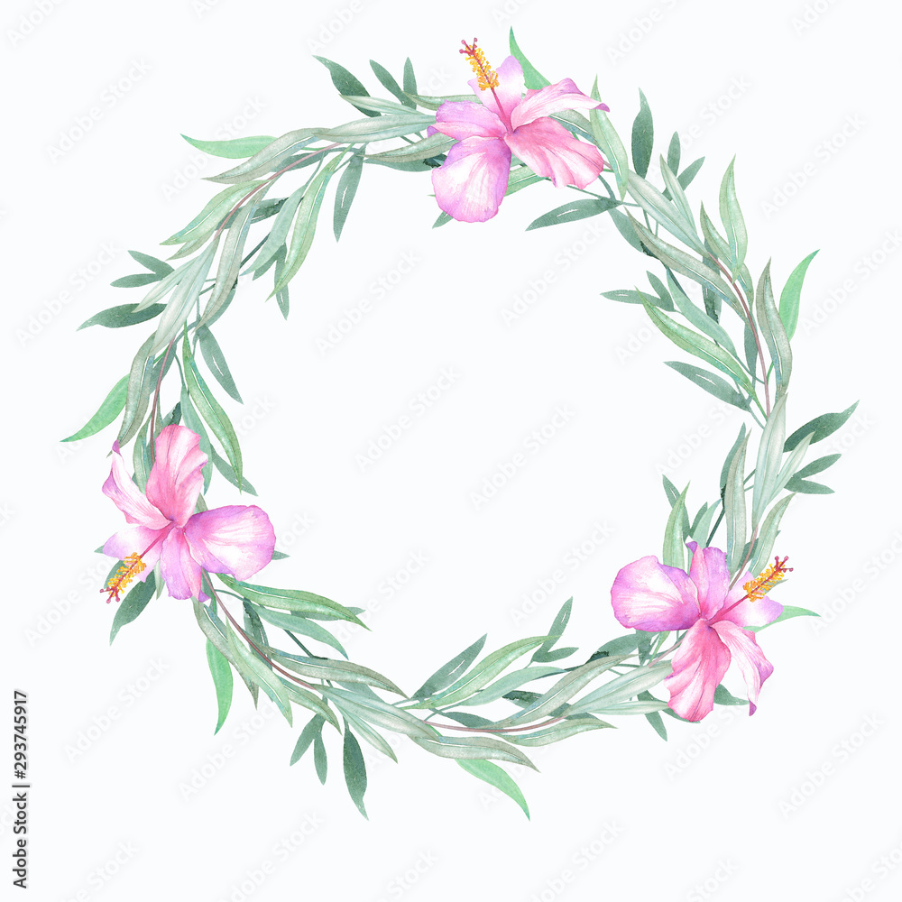 Wreath of eucalyptus branches and hibiscus flower on white background for design.