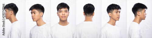 Collage pack group of Asian Teenager man before make up hair style. no retouch, fresh face with nice and smooth skin. rear side back view Studio lighting white background isolated 360