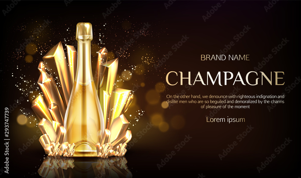 Champagne bottle with gold crystal grains on black blurred background