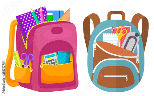 Colored school backpack. Education and study back to school, schoolbag luggage, rucksack vector illustration. Kids school bag with education equipment. Backpacks with study supplies. Student satchels