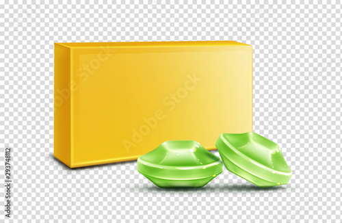Throat lozenge, green cough drops mock up isolated on transparent background. Sore larynx pain remedy package design elements for advertising, flavored medical candies Realistic 3d vector illustration