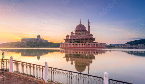 Putra Mosque motion sky sunrise moments. The Mosque is the principal mosque of Putrajaya, Landmark in Malaysia / Shallow depth of field, slight motion blur.
