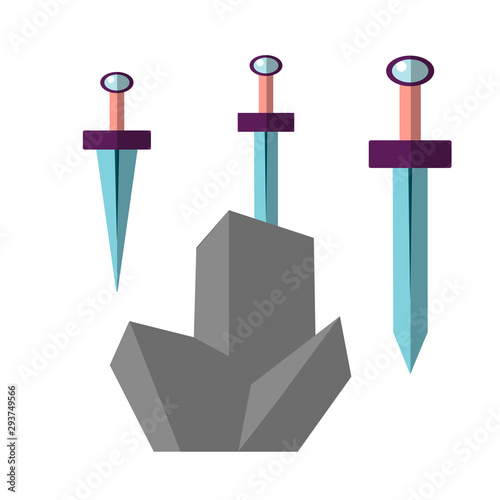 Excalibur vector flat illustration. Icon of sword, stucked in grey stone. Iconic scene from the Medieval European stories about King Arthur.