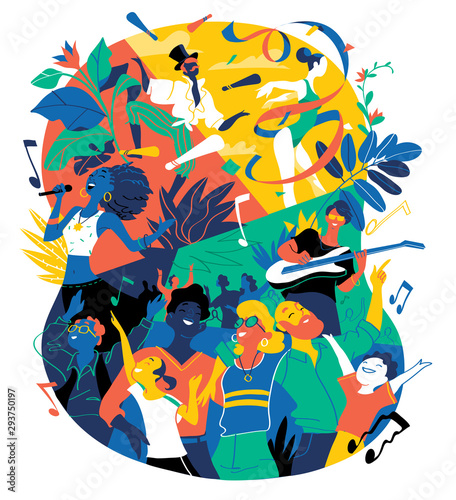 Poster for summer music festival  celebration  holiday party. A group of people is happy to be together celebrating a special event. Vector illustration