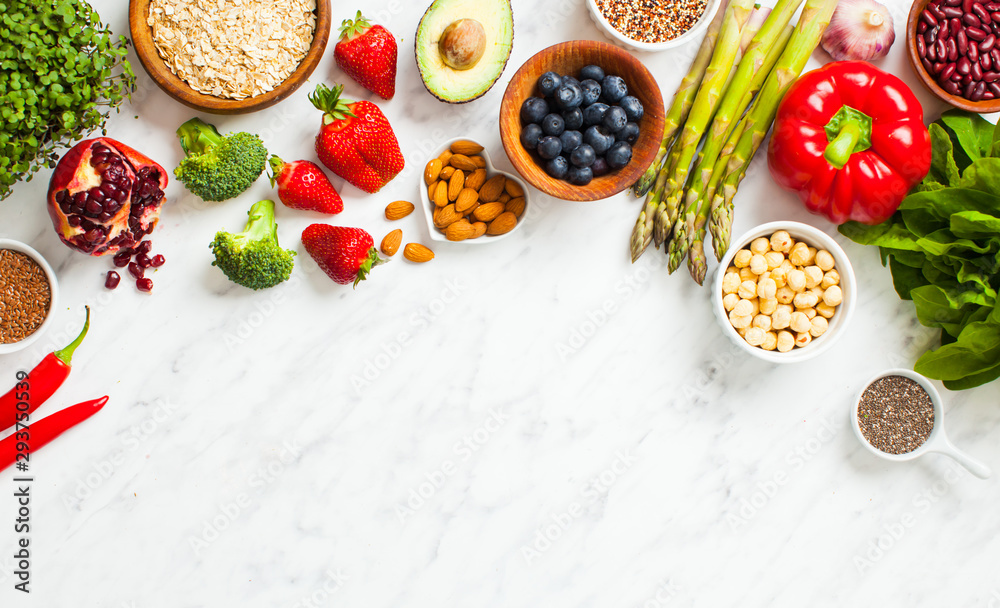 Healthy vegan food flat lay with copy space