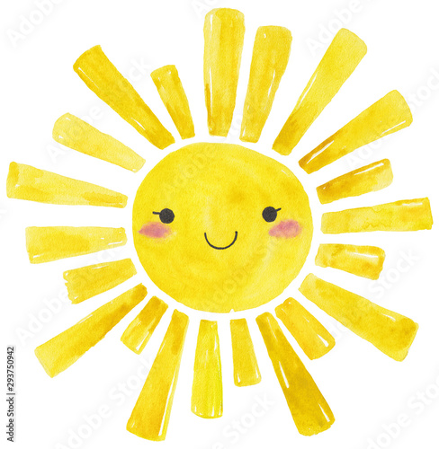 Yellow Watercolor sun, cartoon illustration