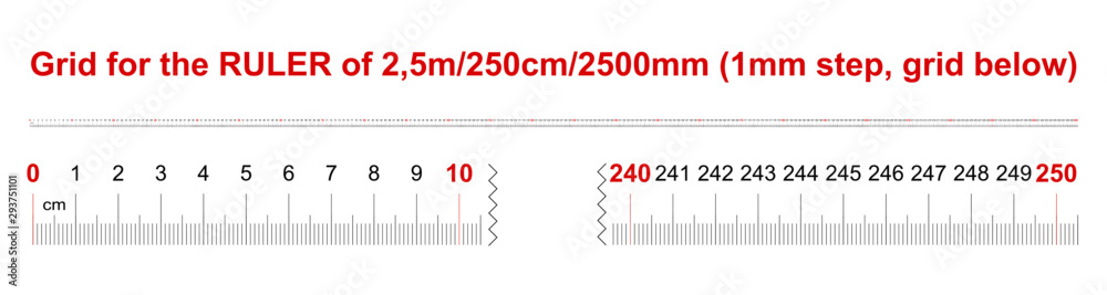Ruler of 2500 millimeters. Ruler of 250 centimeters. Ruler of 2.5