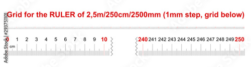 Ruler of 2500 millimeters. Ruler of 250 centimeters. Ruler of 2.5 meters. Calibration grid. 1 mm step, grid below.