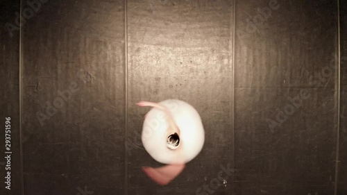 Top view of dancing ballerina in white tutu on a black background. Ballerina performs fouette - spinning on the spot. Taken by drone, looking down