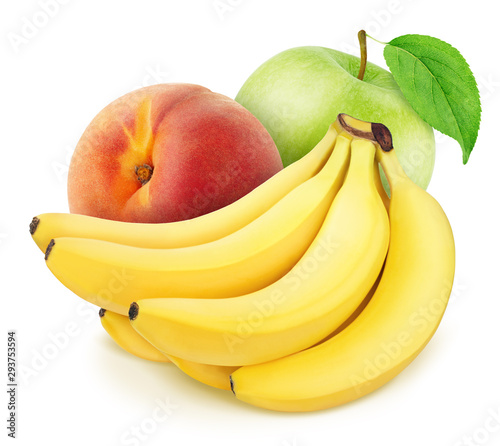 Composition with fruits: banana, apple and peach isolated on a white background. photo