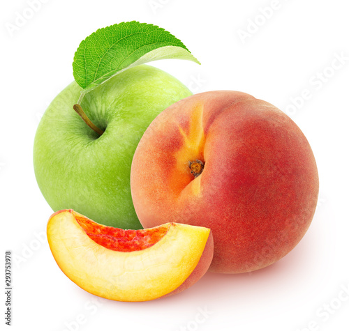 Composition with apple and peach isolated on a white background.