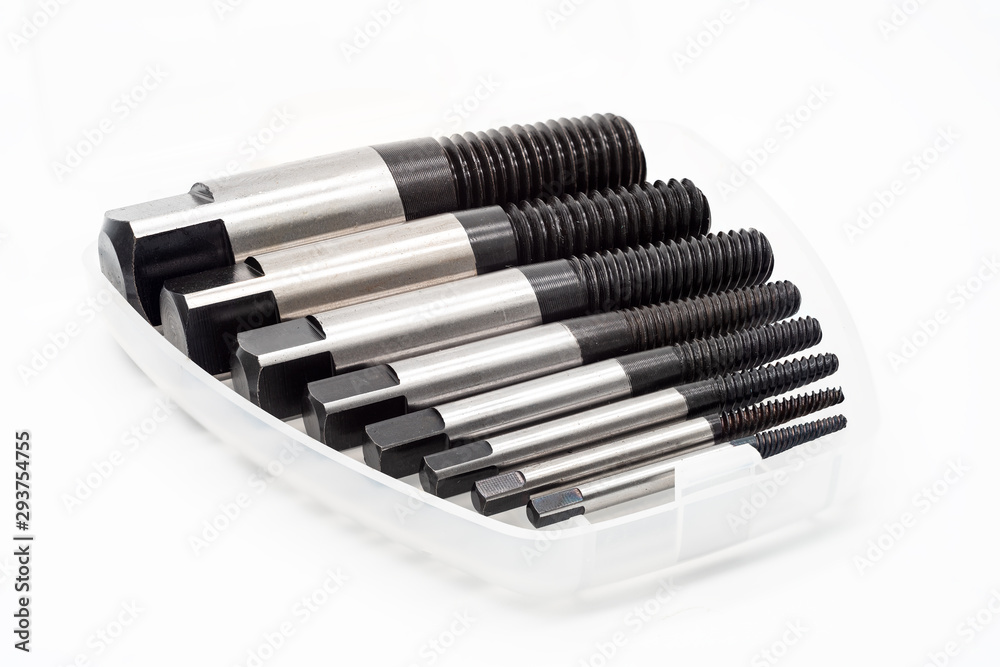 Screw Extractor Set on white background, Professional cutting tools for repair thread. Screw Extractor Set on white background, Professional cutting tools for repair thread.