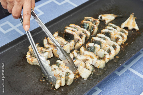Grilled freshwater eel on electric grill