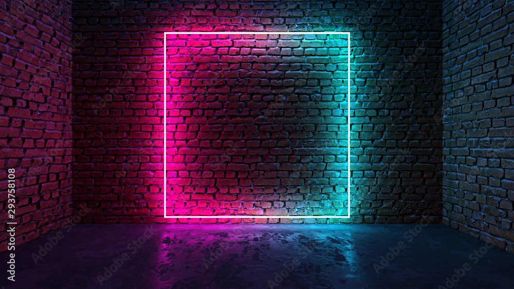 Square shaped glowing neon frame on brick wall in dark room Stock ...