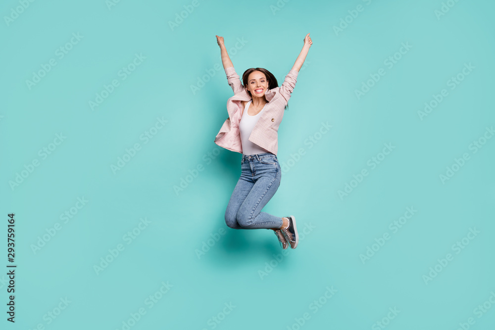 Full length body size view of her she nice-looking pretty lovely attractive cheerful cheery straight-haired lady having fun isolated over bright vivid shine blue green teal turquoise background