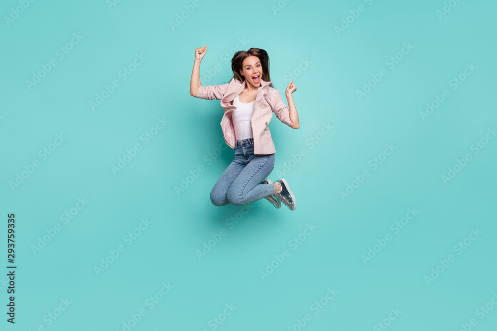 Full length body size view of her she nice-looking attractive cheerful cheery carefree crazy straight-haired lady having fun time isolated over bright vivid shine blue green teal turquoise background
