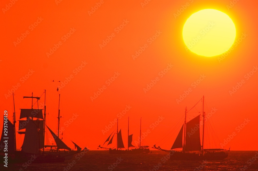 Regatta of traditional sailing ships 'Hanse Sail' on the Baltic Sea at sunset.