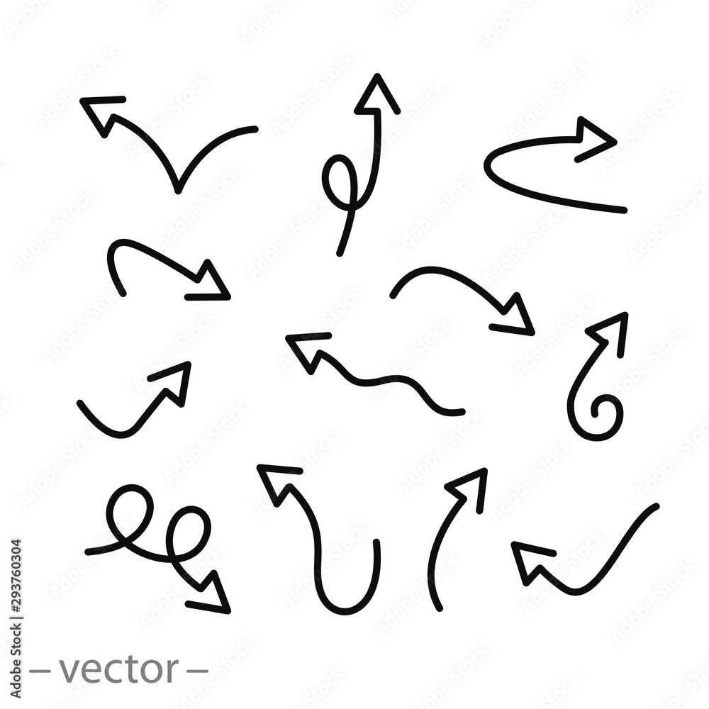 hand drawn curved arrows icon set, sketch doodle, thin line web symbols on white background - editable stroke vector illustration eps 10 hand drawn curved arrows icon set, sketch doodle, thin line web symbols on white background - editable stroke vector illustration eps 10