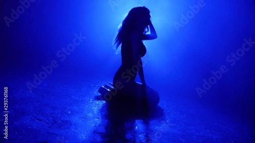 Silhouette of elegant young woman performing sexy dance on floor in dark studio filled with fog
