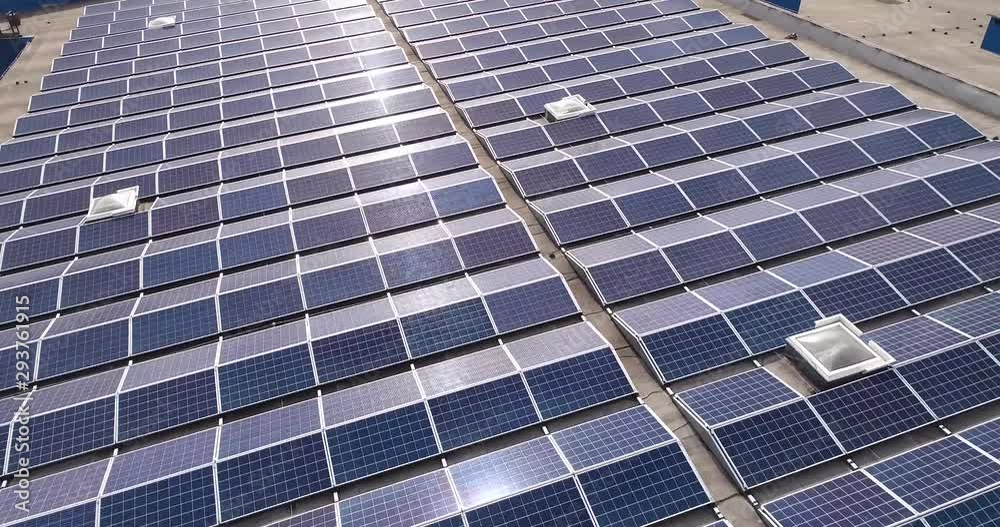 circular panorama of solar panels on factory roof