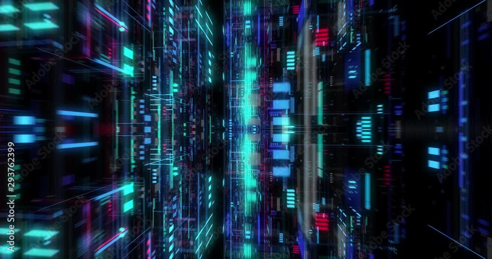 Seamless loop of abstract matrix hologram digital data flow. fly through time and space, warp through science fiction binary code particles network. Science and Technology concept. 3D render Seamless loop of abstract matrix hologram digital data flow. fly through time and space, warp through science fiction binary code particles network. Science and Technology concept. 3D render